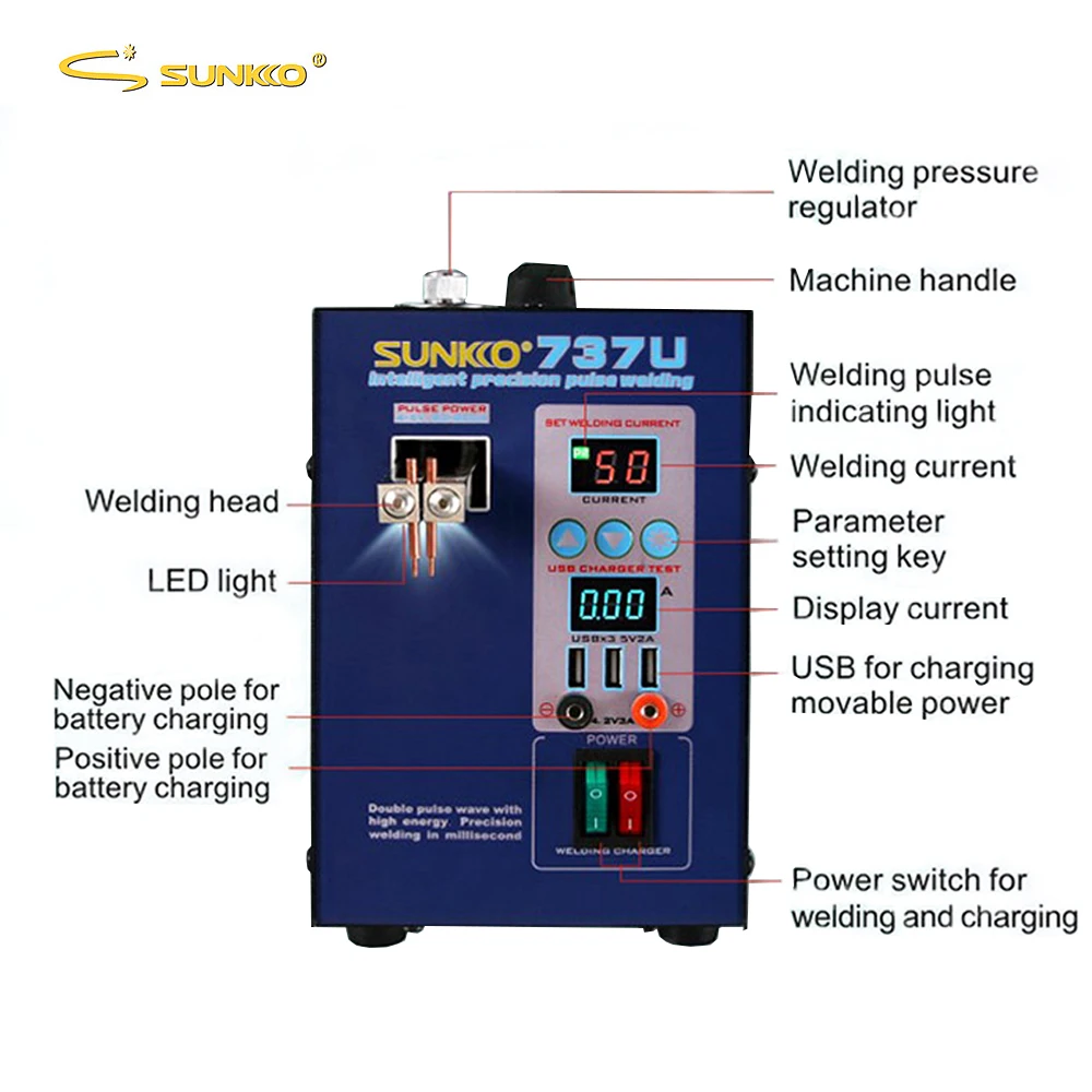 SUNKKO аккумуляторная машина для точечной сварки 737U 2.8kw светодиодный светильник точечная Импульсная Сварка машина батарея точечная сварка USB тестовая зарядка