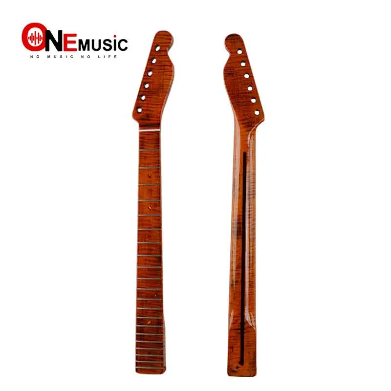 

21 Fret TL Guitar Neck Tiger Flame Maple with Back Strip 6MM Abalone Dots Brush-Off Yellow Glossy for Guitar Neck Replacement