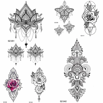 

YURAN Tribal Pendant Temporary Tattoo Stickers Women Beauty Flower Henna Black Fake Tatoos Flora Girl Waterproof Tattoo Rose