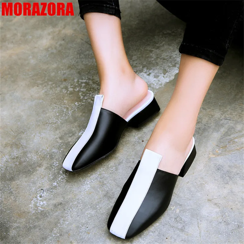 

MORAZORA 2019 new arrival genuine leather shoes women pumps square toe slip on summer shoes mixed colors mules party shoes