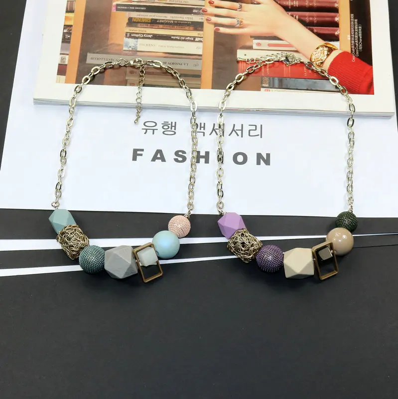 

Spring New Fashion Personality Woman Necklace Geometric Wood Beads Pendant Necklaces Short Chain Trendy Accessories Jewelry