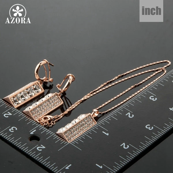 AZORA New Rose Gold Color Stellux Austrian Crystal Lamp Drop Earrings and Necklace Jewelry Sets TG0043