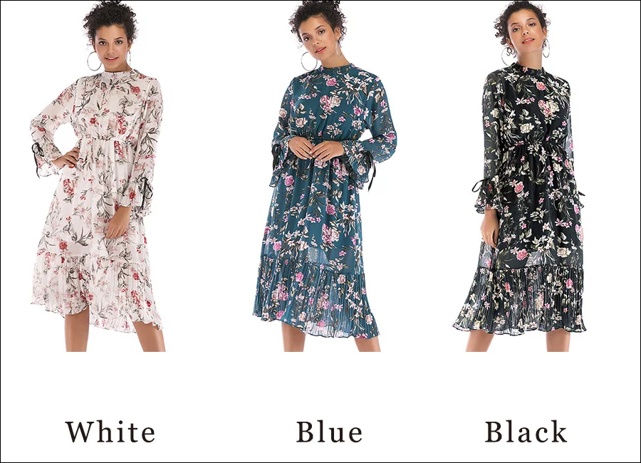 Gladiolus Floral Print Spring Autumn Women Dress 2019 O-Neck Lace Up Flare Sleeve Tunic Chiffon Dress Women Midi Party Dresses (28)
