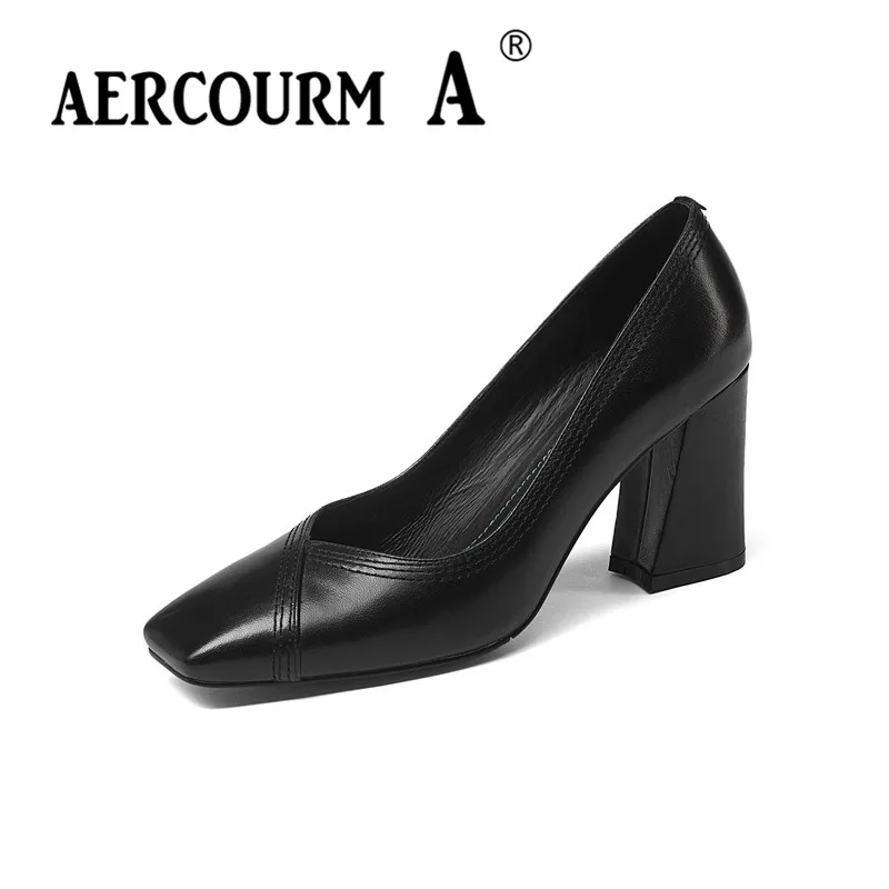 A Aercurm Verde Cuero Zapatos 2018 Color De azul Negro Alto Punta green Vestir Liso Negro Tacón Cuadrada Azul Genuino Mujer dqqAfr
