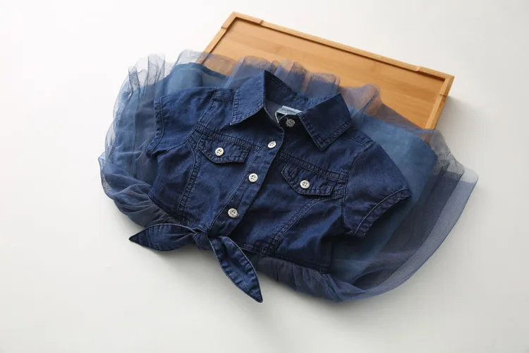 2018 Summer 2-4 6 8 10 Years Little Kids Cute Short Sleeve Turn-down Collar Bow Patchwork Lace Denim Dress For Girls 10 Year Old (11)