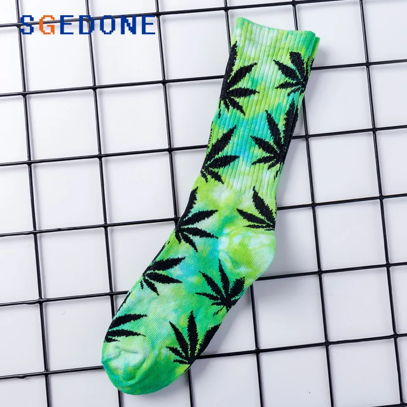 High-quality Tie-dyed Maple Leaf Socks Long Fashion Weed Socks Men Skateboard Hiphop Socks Meias Women Couple Cotton Socks 1Pair - Color: 06