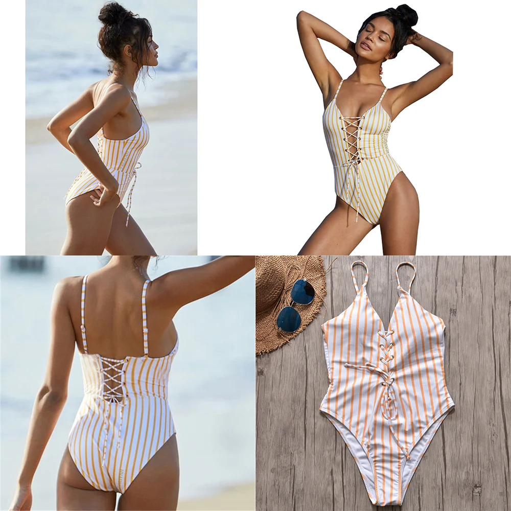 

Bathing Suits for Women One Piece Thong Bikini 2019 Brazil Wirefree Swimsuit Striped Swim Suit Sexy Fitness Girls Swimming Wear
