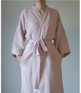 7 цветов. Женская одежда для сна льняные пижамы Халаты. Дышащий Душ Спа льняной халат ночной халат ночная рубашка халат - Цвет: Розовый