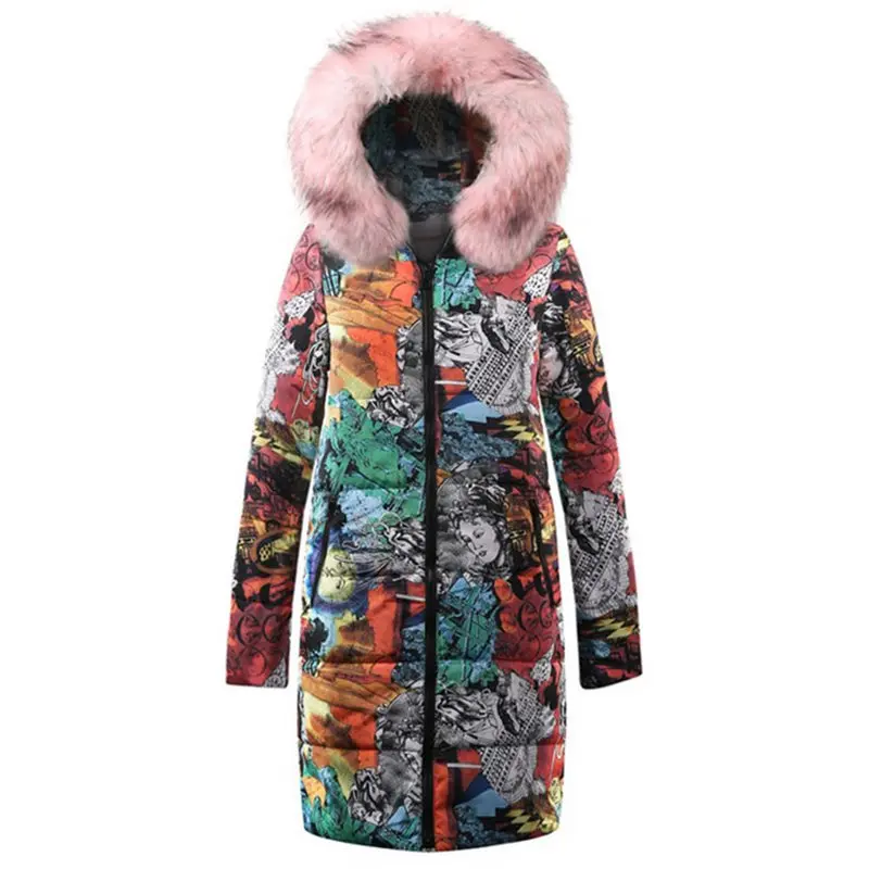 

Plus Size Hip Hop Gothic Winter Cotton Padded Jackets Women Coat Casual Warm Pink Slim Thick Print Overcoats Female Long Outwear