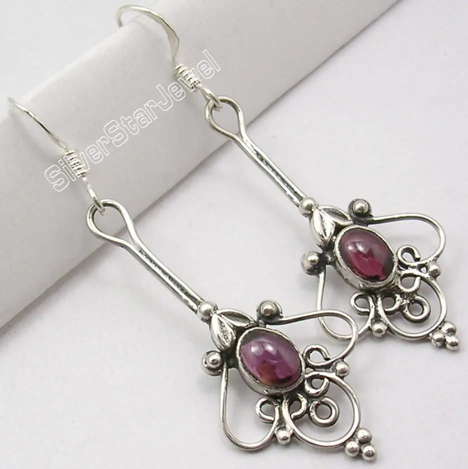 

Chanti International ARTISAN ! Silver CABOCHON GARNET LONG Dangle ETHNIC Earrings 5.4 CM