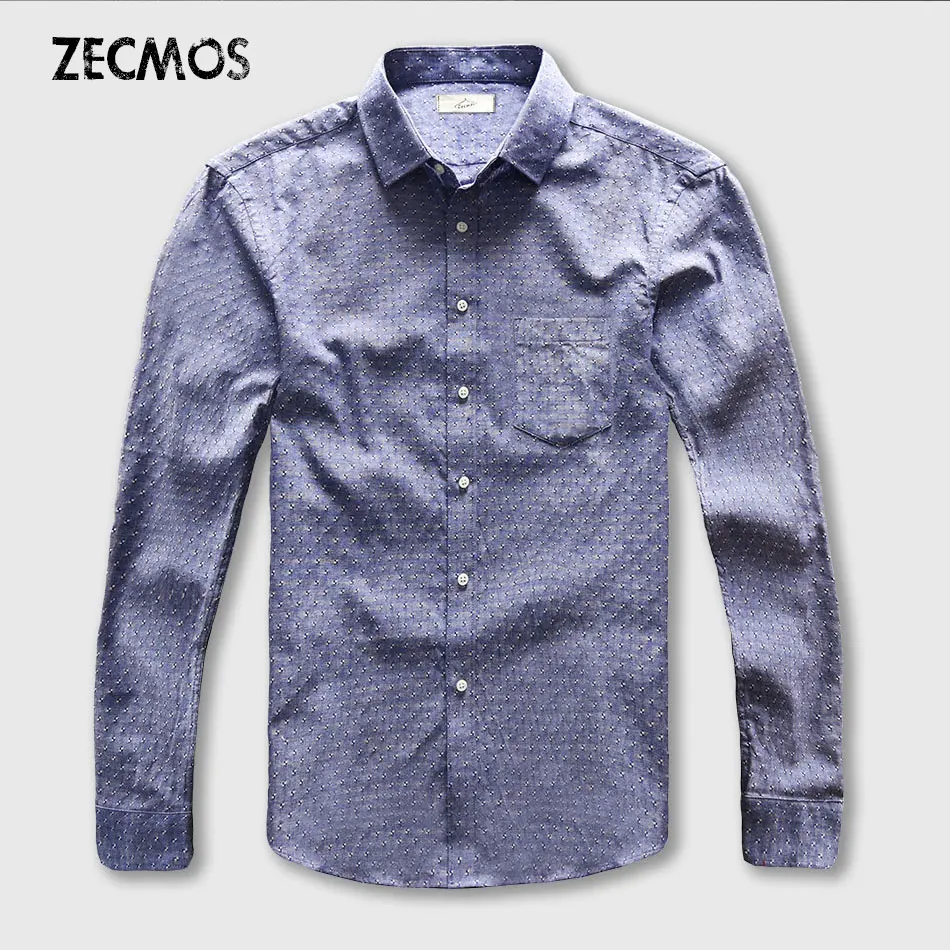 Dot Shirt Men Oxford Dress Casual Shirt Male Cotton Linen Long Sleeve Social Business Slim Fit