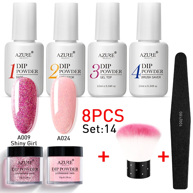 

Azure Beauty 8Pcs/Lot Pink Color Dipping Powder Nail Art Kits Shiny Glitter Dip Powder Nail Art Decorations Nail Powder Brush