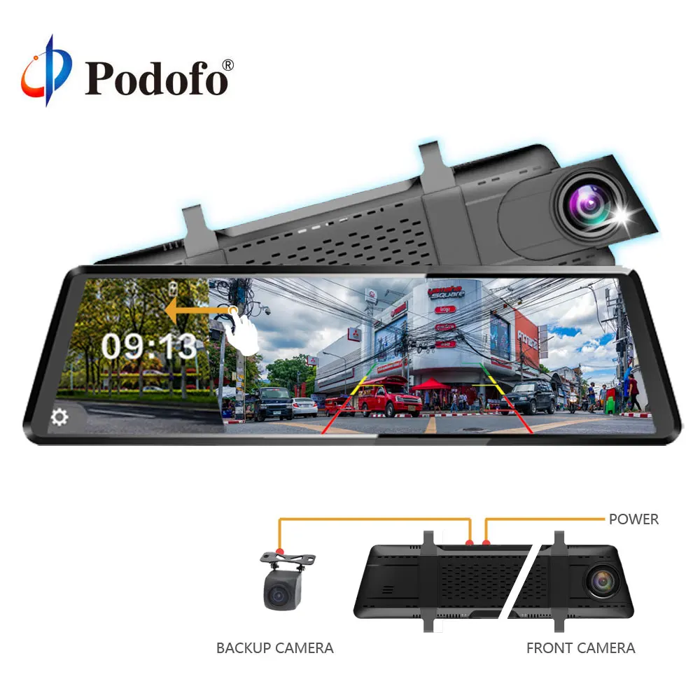 

Podofo 10 Inch Car DVR Camera Dual Lens Car Rear View Mirror Touch Screen Video Recorder Registrator Dash Camera Full HD 1080P