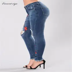 LALA IKAI/плюс Размеры 2XL 3XL Для женщин джинсовые штаны с цветочной вышивкой обтягивающие джинсы женский, черный карандаш Высокая Талия Брюки