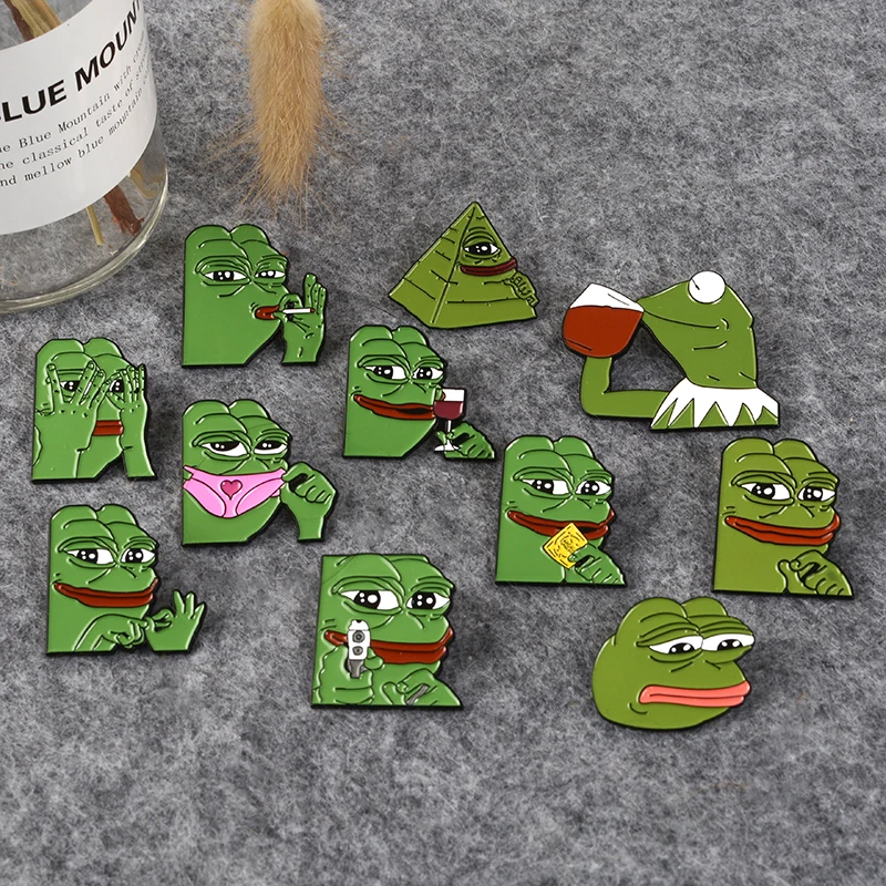 

Cartoon kermit Pepe Collection Sad Frog Thinking Dringking meme Pin Back Badges Brooches Feels bad man Feels good man