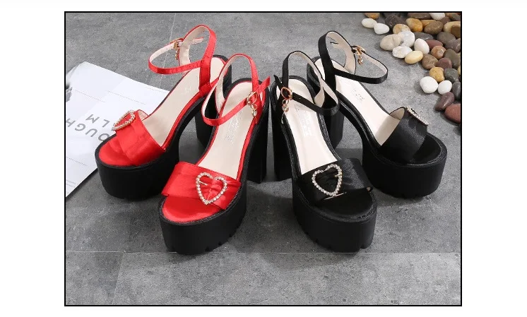 G-sparrow 14CM Comfortable Platform High Heels Thick Buckle Diamond Sandals Female Red Wedding Shoes Summer 2018 New Black16