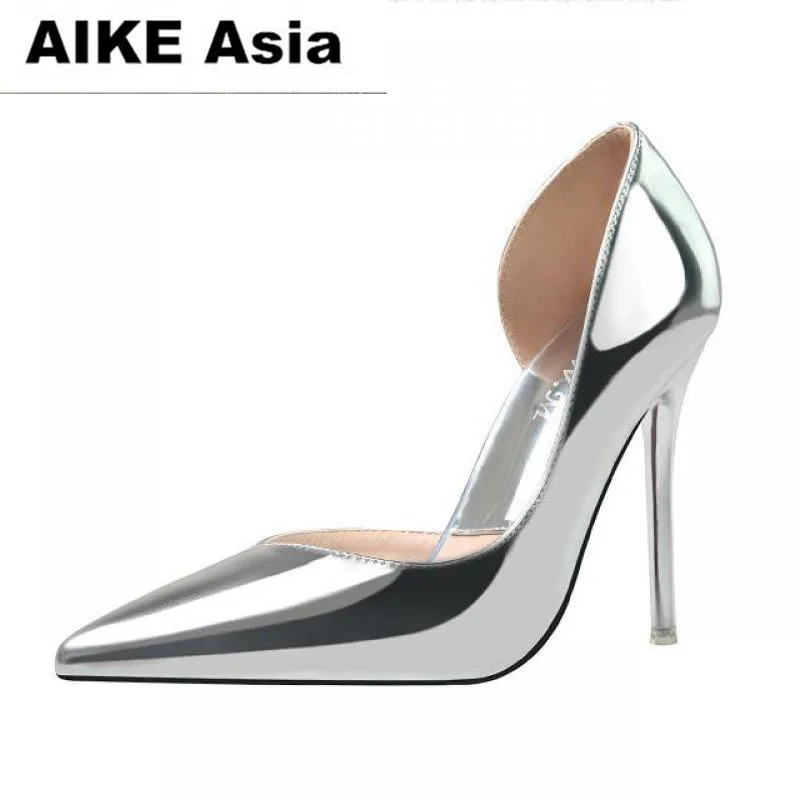 

AIKE Asia High Heels Women Pumps Sexy Nightclub Wedding casual shoes Pointed Toe Parties Dress Side hollow Gold Silver 3058-9