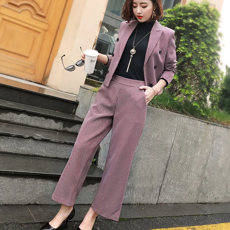 Buy Plaid short suit wide leg pants fashion two piece