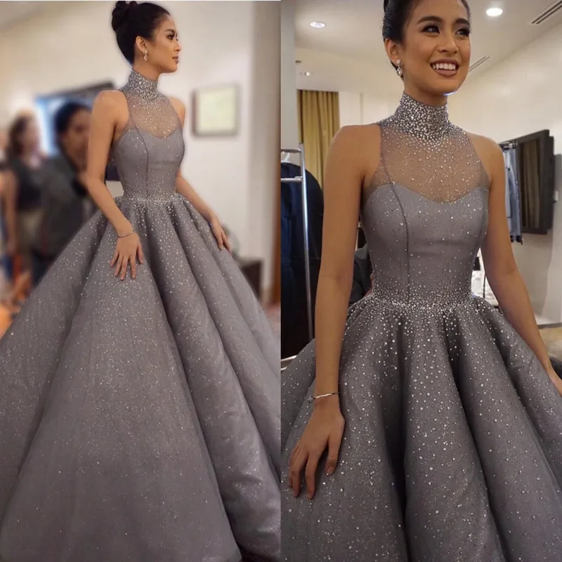 

Luxury Vintage Evening Dresses Formal Evening Gown Long Gray Prom Dresses with Crystal Arabic evening Dress Vestido Longo 2017