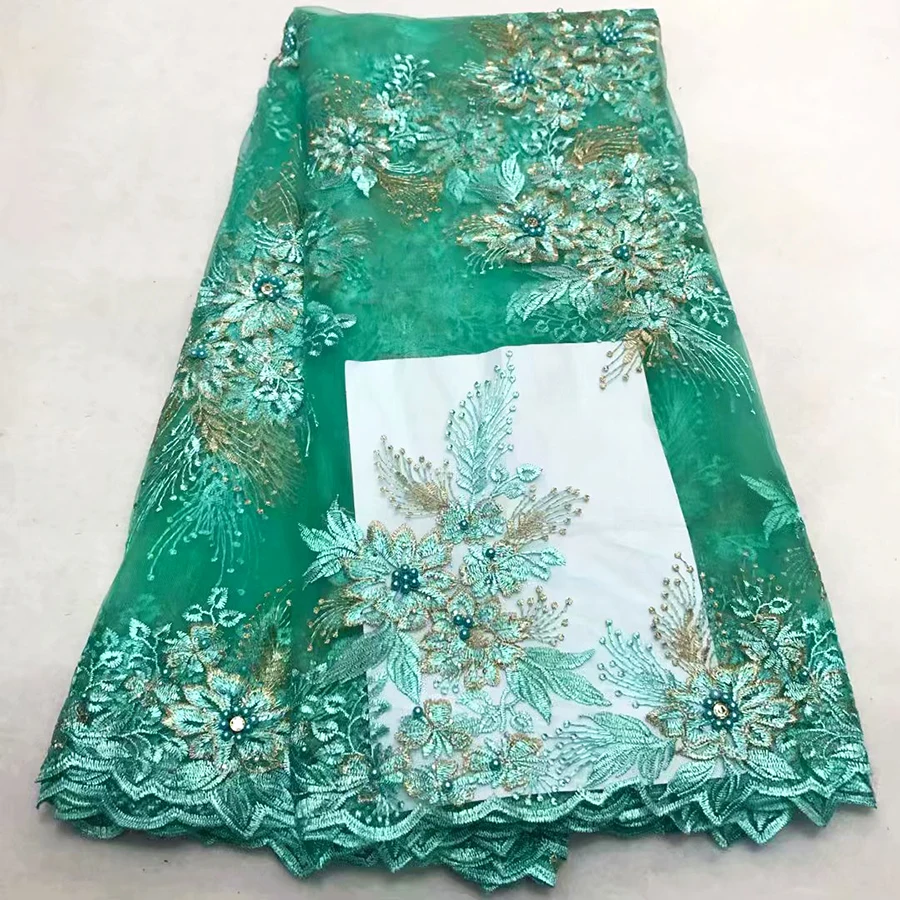 

Green African Lace Fabric 2018 Embroidered Nigerian Beaded Laces Fabric High Quality French Tulle Lace Fabric For Women