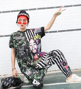 Street Wear Stripe Spliced Camouflage Summer Jumpsuit Hip Hop Style Cartoon Overalls Women Casual Harem Pants
