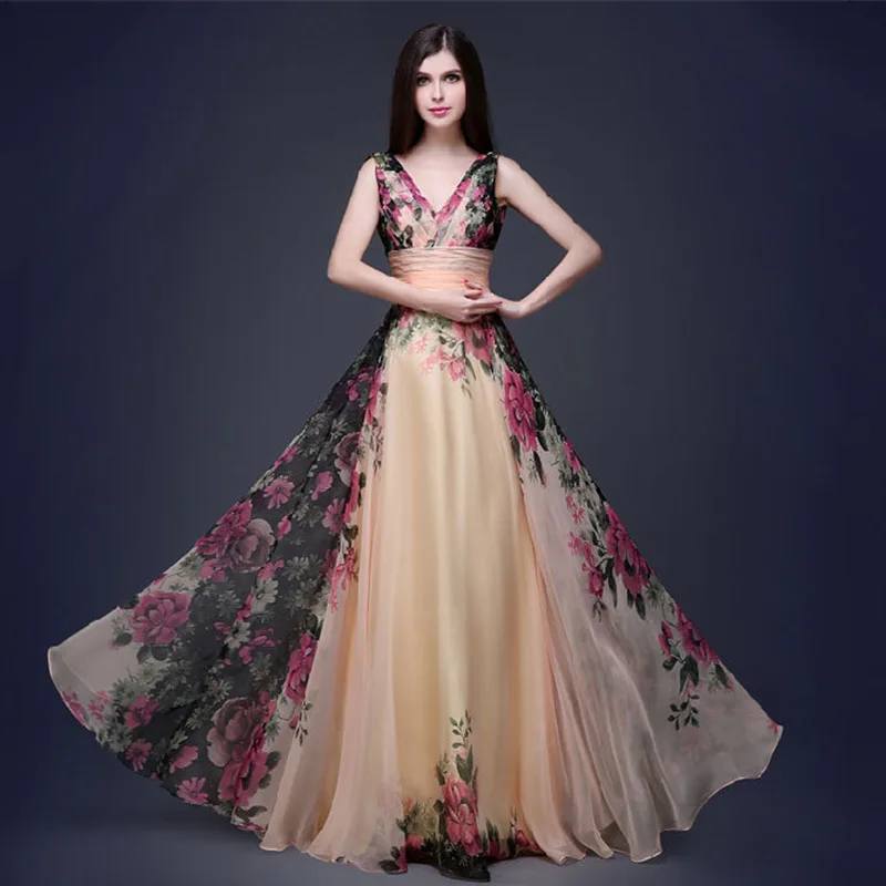 

Sexy A-Line Empire Dresses Woman Party Night Patchwork Zipper V Neck Maxi Runway Dress Summer Floral Printed Sleeveless Vestido