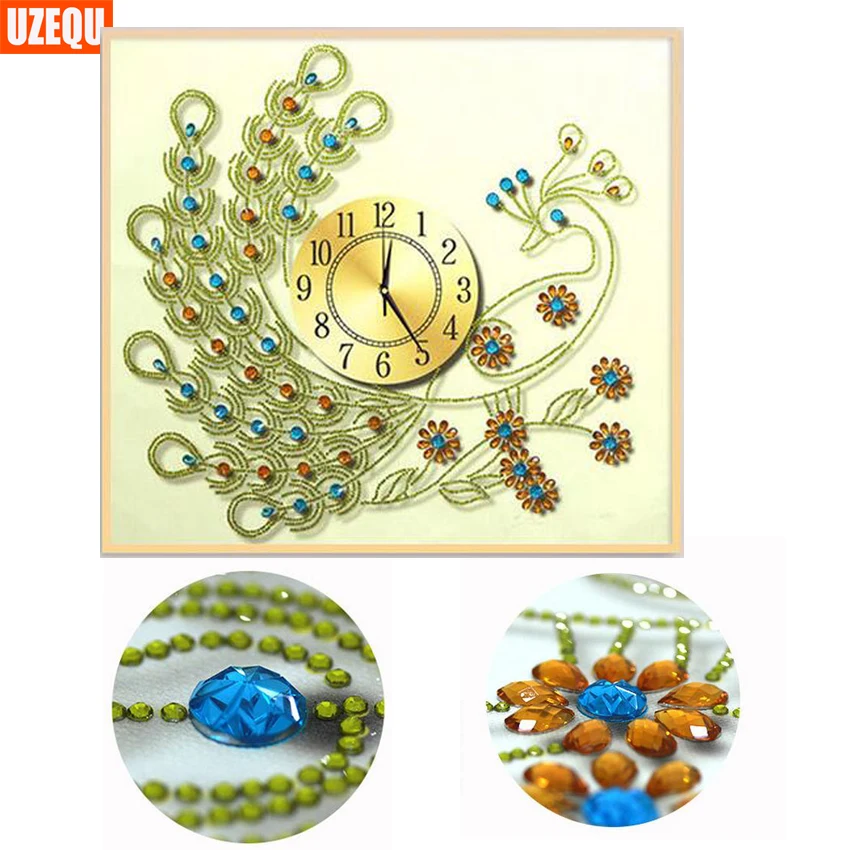 

UzeQu Special Shaped 3D Diamond Embroidery Wall Clock Peacock 5D DIY Diamond Painting Watch Cross Stitch Mosaic Drawings Decor