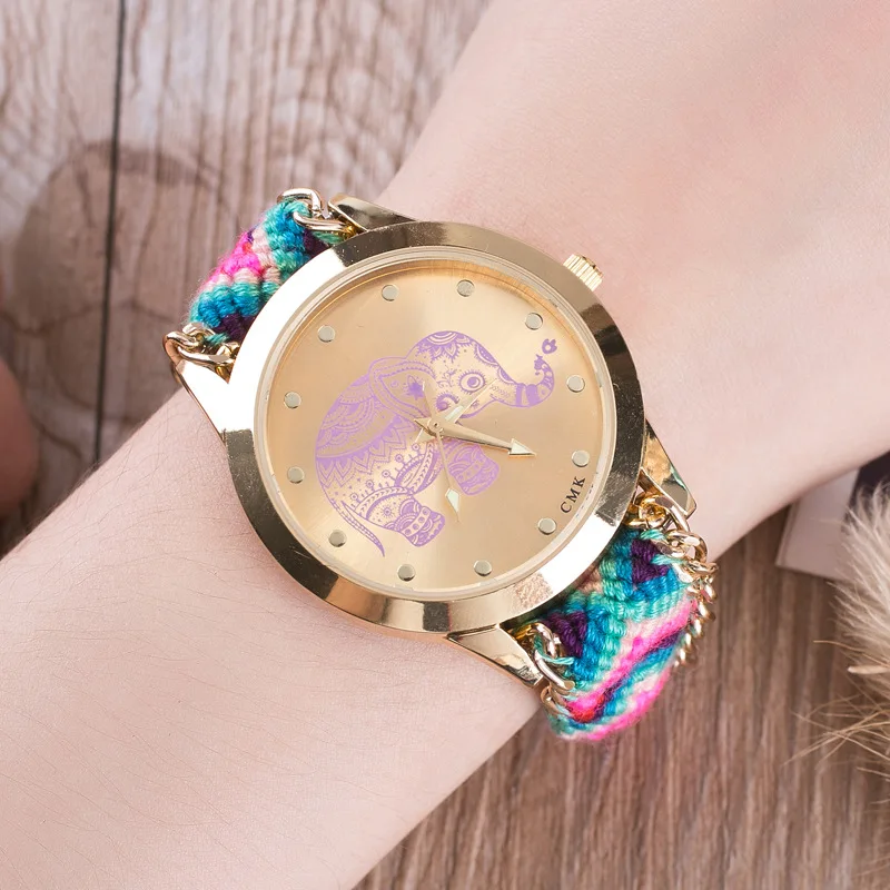 CMK Luxury Brand Handmade Braided Friendship watch Women Creative Elephant dial wristwatch Ladies Fashion Dress Gold quart watch