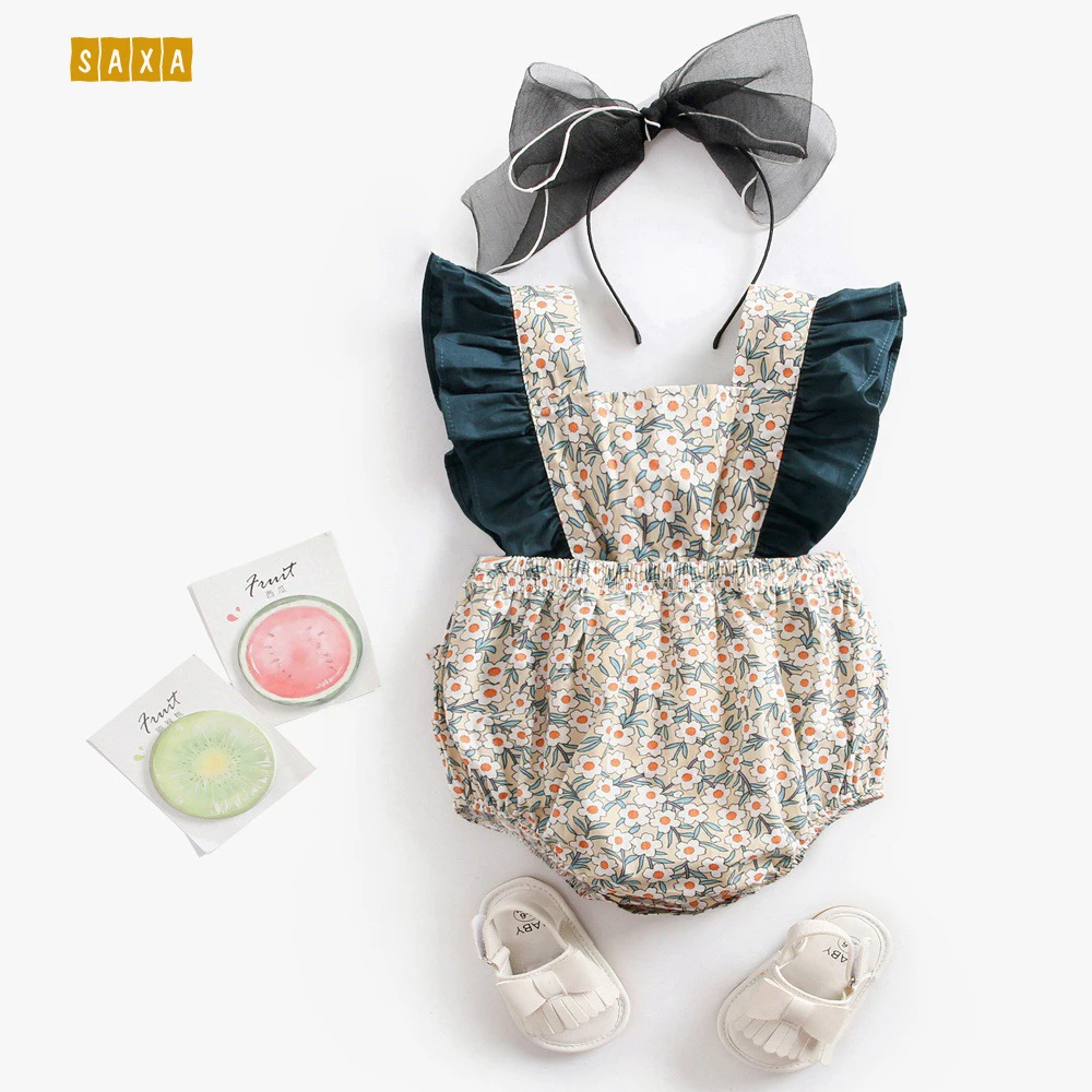 

Baby girl jumpsuit 2019 summer 100% cotton floral baby clothes strap bow newborn baby Bodysuits Baby sleeveless jumpsuit