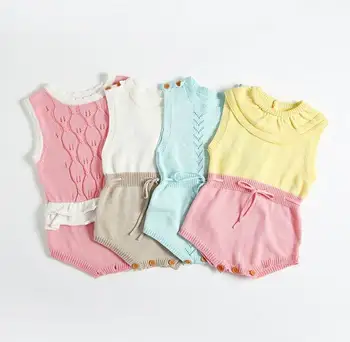 

Wholesale Ins New Baby Girl Boy Bodysuit Colorful Knitted Cotton Sleeveless Overalls Toddler Clothing E71023