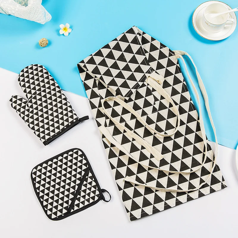 

1 Ps Printed Unisex Cooking Dining Room Kitchen BBQ Restaurant Cleaning Pocket Waitress Brief Baking Mats Oven Mitts Apron Kit