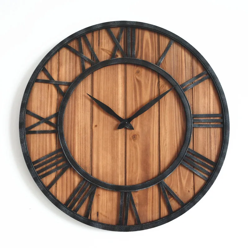 

American Retro Creative Clocks and Watches Iron Frame Solid Wood Decorative Quartz Wall Clock Beautiful Design Fine Workmanship.