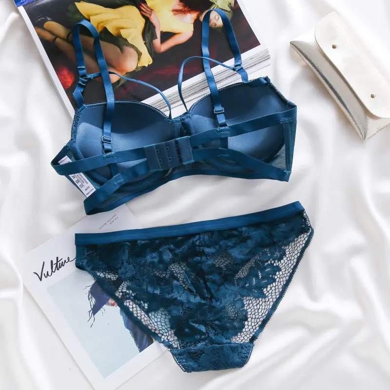 

Sexy Lace Embroidery Padded Push Up Bra Briefs Set See Through Hollow Lingerie Set Women Lace Floral Bra Set