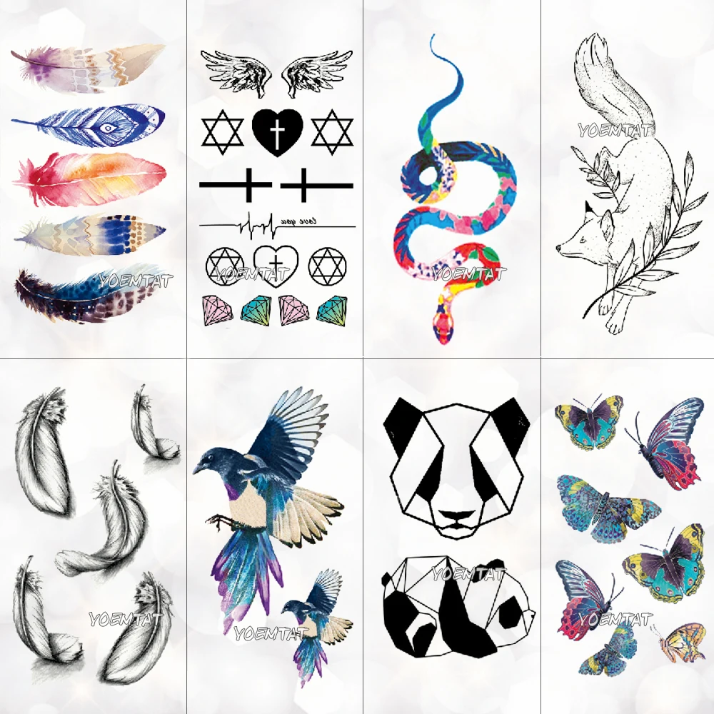 

Watercolor feather Temporary Tattoo Sticker Women Geometric Panda pattern Body Art New Design Fake Men Tattoos