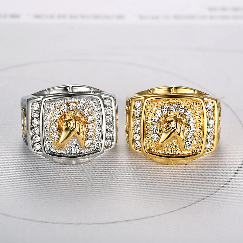 7 -15 size Animal Horse Titanium Steel Gold Silver Color Clear CZ Men Ring Wedding Jewelry Punk Rock Male Biker Band Hip Hop 3