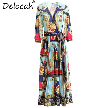 

Delocah New Women Spring Summer Dress Runway Fashion V-Neck Bow Tie Pleated Geometric Printed Elegant Vintage Party Long Dresses