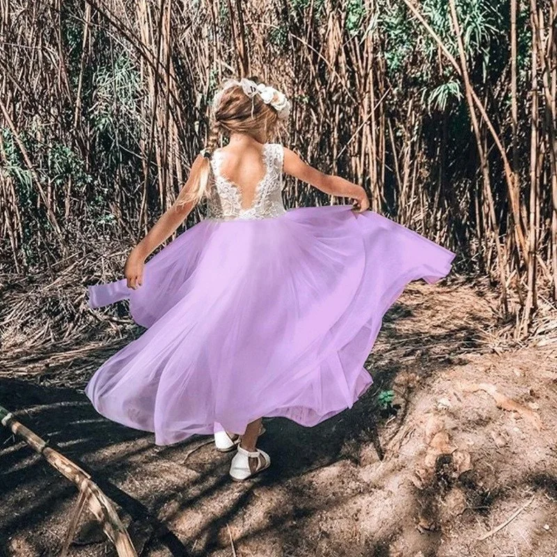 2019 Summer Girl Clothes For Lace Flower Transparent Backless Dress Wedding Party for Teenagers Ceremony Long Tulle Gown | Детская