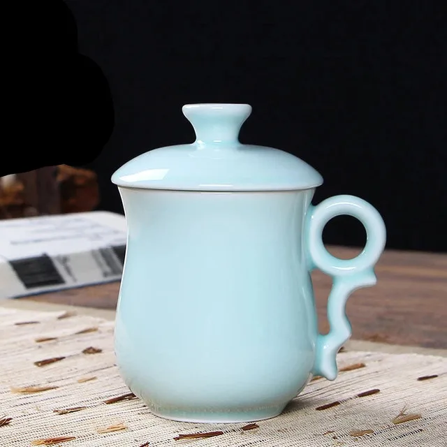 

Longquan Celadon Teacup Ceramic Elegant Glaze Tea Mug with Lid Kung Fu Tea Cups Office Mug