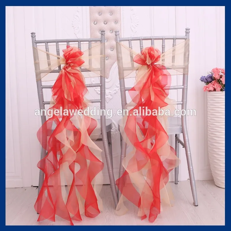 CH098H Beautiful cheap elegant gold and red organza wedding curly willow chair sasheschair