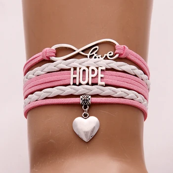 

(10Pcs/Lot ) Infinity Love Hope Handmade Bracelets & Bangles Heart Charm Leather Bracelets Good Wish To Future Braided Jewelry