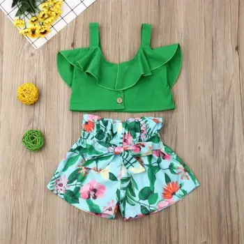 Emmababy Brand Toddler Baby Girls Floral Vest Falbala Sleeveless Off Shoulder Crop Tops Floral Printed Shorts Outfits Clothes 6