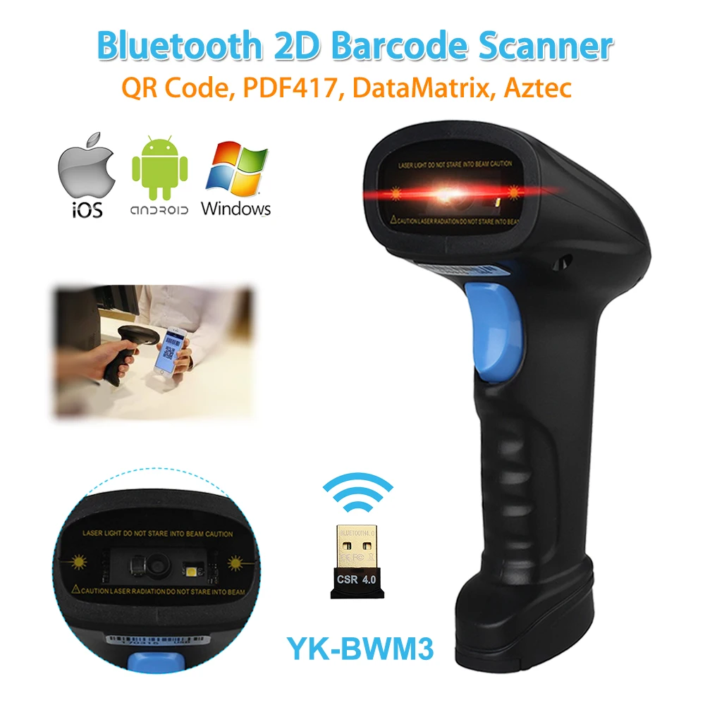 YK-BWM3 Wireless 2D Bluetooth Barcode Scanner USB 4mil QR Code Reader POS Android IOS Windows Screen Payment 2D Scanner YK-BWM3 Wireless 2D Bluetooth Barcode Scanner USB 4mil QR Code Reader POS Android IOS Windows Screen Payment 2D Scanner