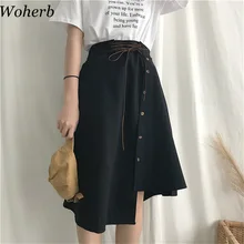 Woherb корейские асимметричные юбки женские повседневные трапециевидные бандажные юбки с высокой талией однобортная Юбка Saia Jupe Femme 20748