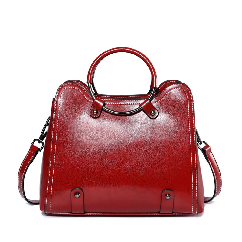 

High Quality Oil Wax Cowhide Women Top Handle Bag Fashion Genuine Leather Tote Handbag Female Crossbody Shoulder Messenger Bags
