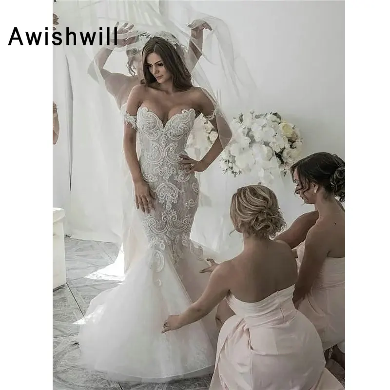 Vestido de Noiva великолепные с открытыми плечами аппликации кружевное свадебное платье невесты русалка свадебное платье 2019