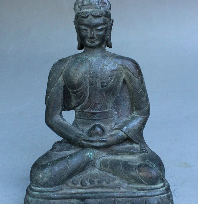 

7" Rare Old Tibet Buddhism Temple Bronze Sit Hold Bead Shakyamuni Buddha Statue