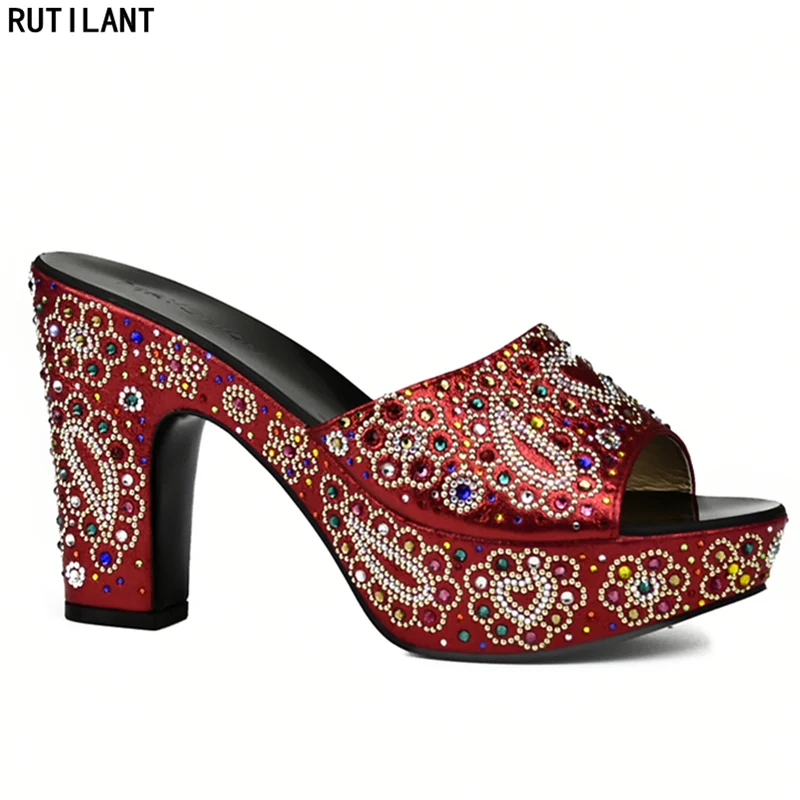 

Red Color Italian Shoes Decorated with Rhinestone Nigerian Women Party Shoes High Quality Slip on Iatly Shoes High Heels Pumps