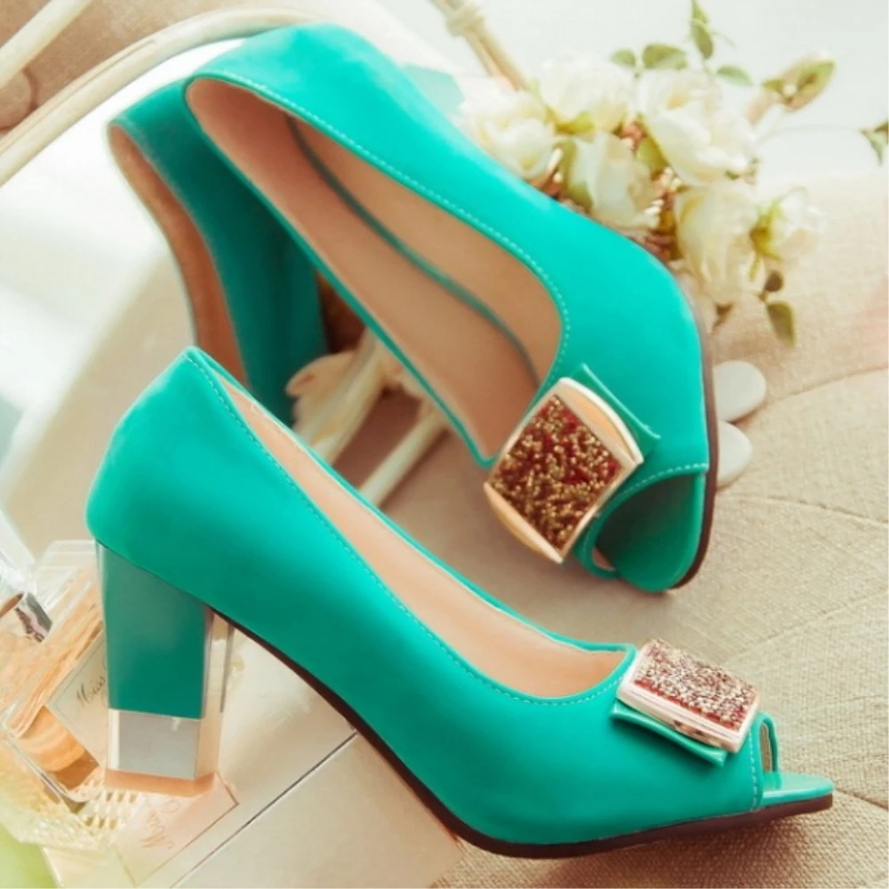 KSJYWQ Peep toe Mint green High Square Heel Platform Pumps Plus size 43 Summer sexy sandals 7 cm