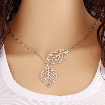 

2019 Hottest Fashion Personality Gold Color and Silver Plated Lasso Metal Leaves Double Pendants Chokers Necklaces Women Jewelry