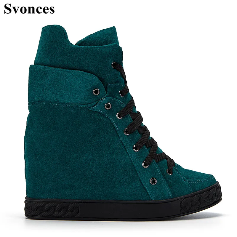 

Svonces Street Hot Fashion 2019 Brand Spring Autumn Women Shoes Black Suede Ankle Boots Platform Wedge Height Increasing Shoes